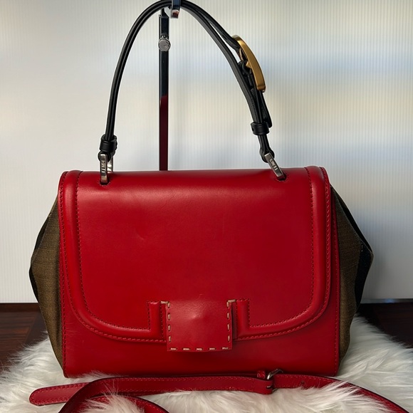 Fendi Silvana Leather Red Flap Turn-Lock Penguin Striped Canvas w/ Strap EUC - Picture 1 of 17
